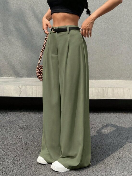 Pants - Green Casual Women's Zip Front Wide Leg Pants